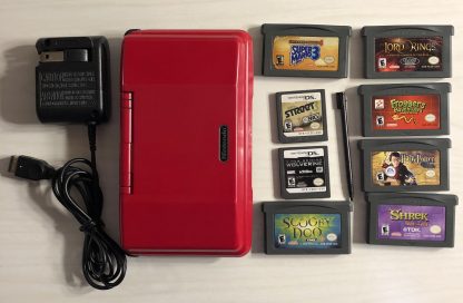 Red Nintendo DS, Charger, Stylus and 8 games